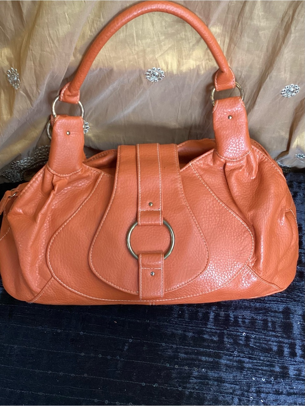 Pebbled Vibrant Orange Faux Leather Shoulder Satchel with Ring Accent EUC